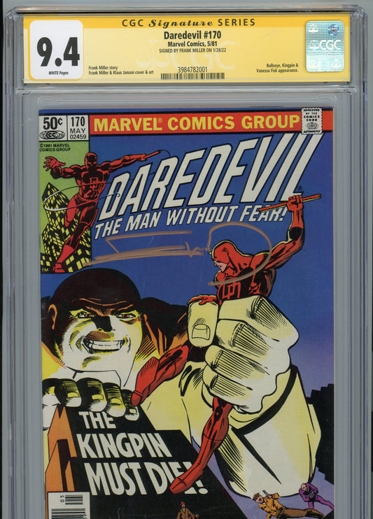 Daredevil #170 - NM 9.4 - CGC - newsstand variant - White Pages - signed by Frank Miller - KEY ISSUE!