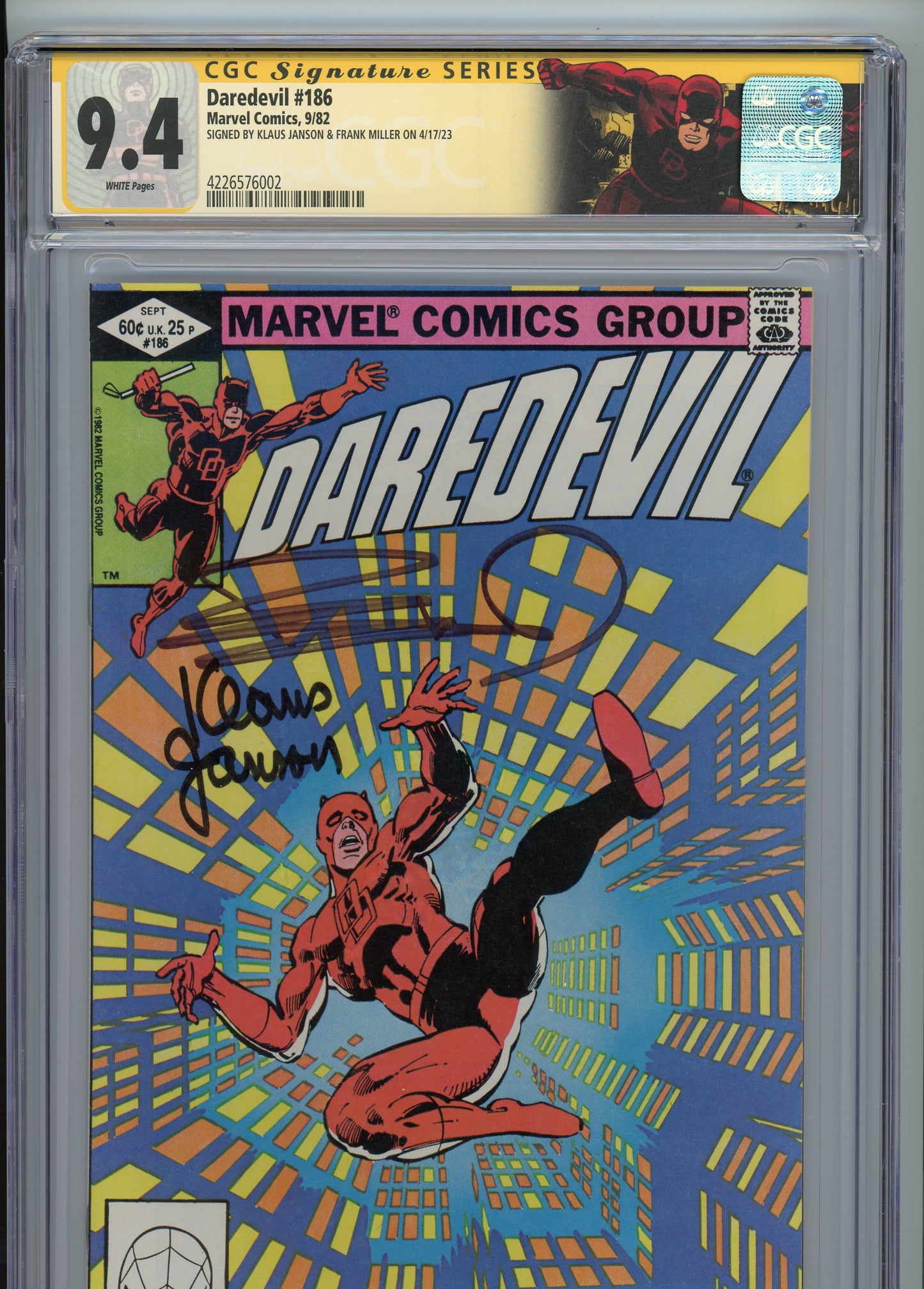 Daredevil #186 - NM 9.4 - CGC - White Pages - signed by Frank Miller & Klaus Janson