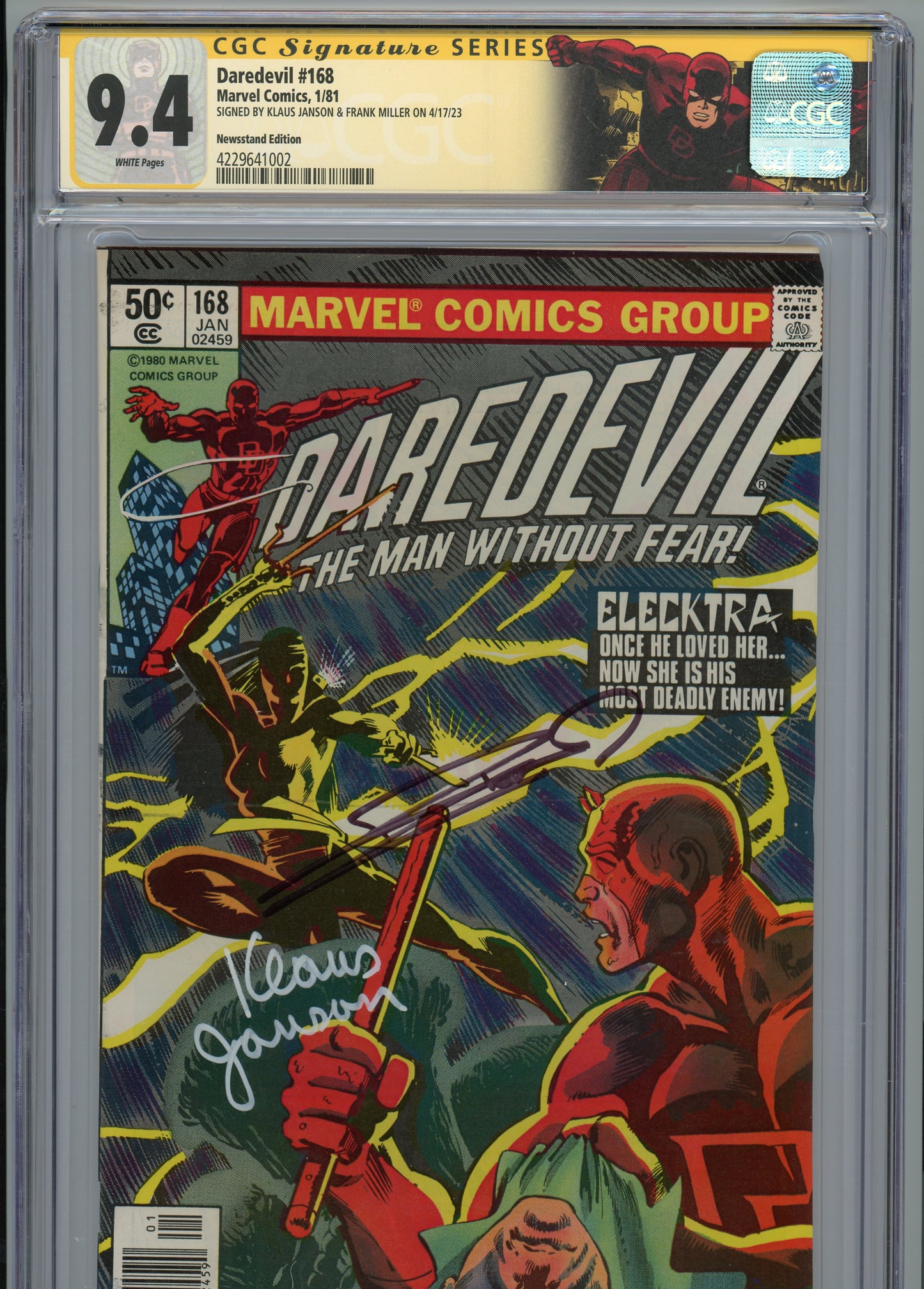 Daredevil #168 - NM 9.4 - CGC - newsstand variant - White Pages - signed by Frank Miller & Klaus Janson - KEY ISSUE!